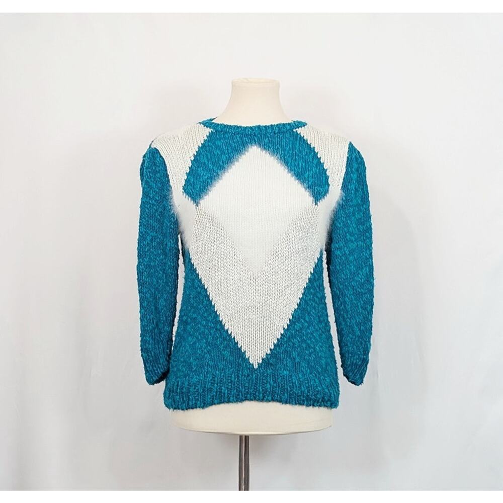 Vintage 80s Sweater Turquoise Blue White Knit Silk Blend Women's Size S